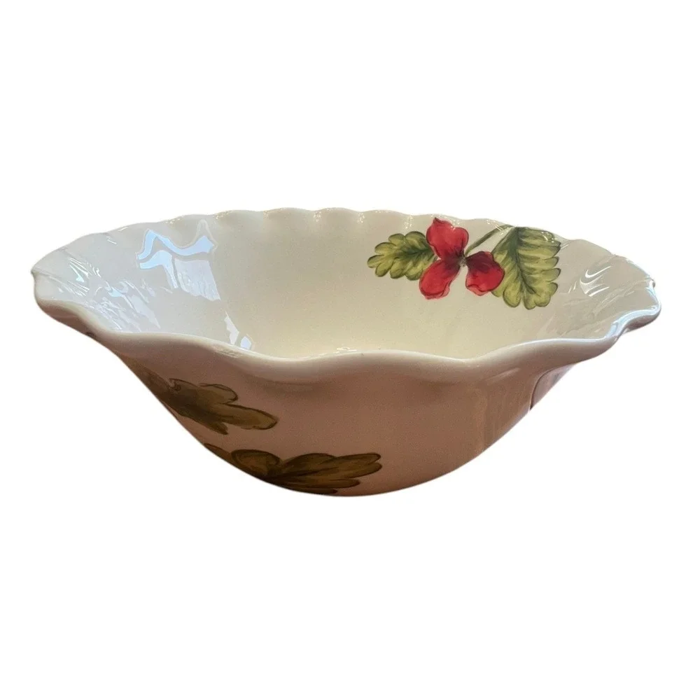 Maxcera‎ Cream Poppies Serving Bowl Large 10in White Red NWOT Floral Scalloped